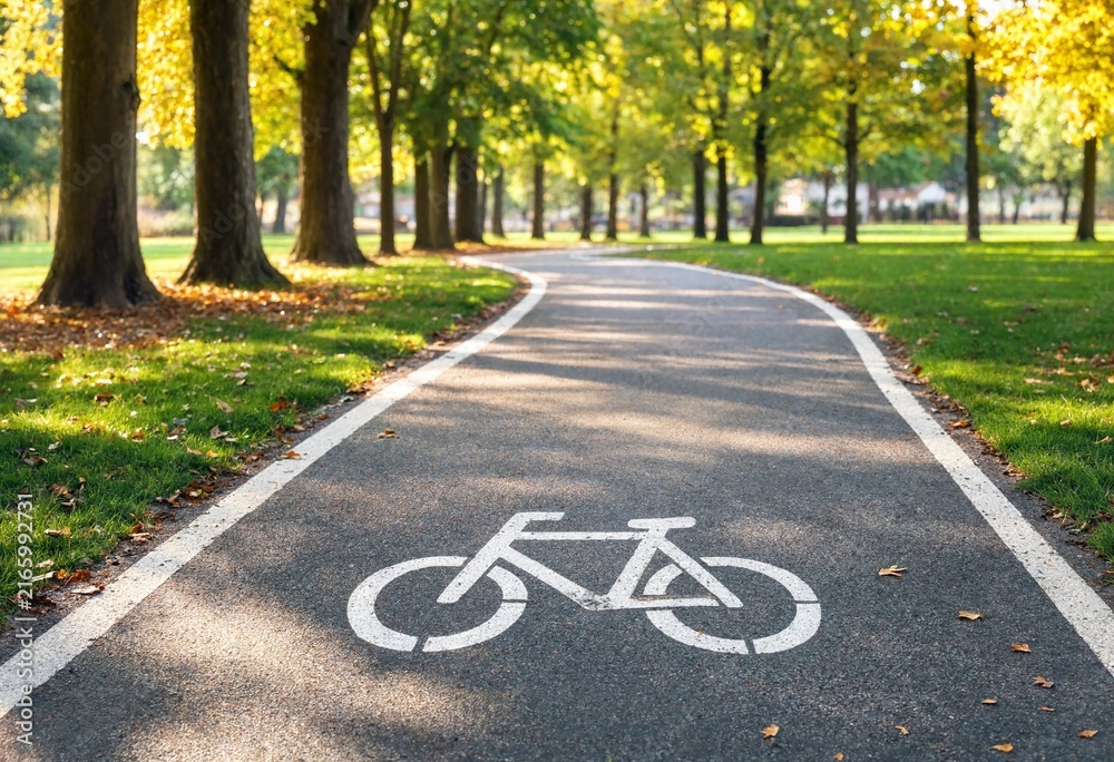 Obraz premium Sunlit winding bicycle lane through a peaceful green park, featuring white bike markings, autumn leaves, fresh asphalt, lush grass, tall trees, and gentle bokeh.