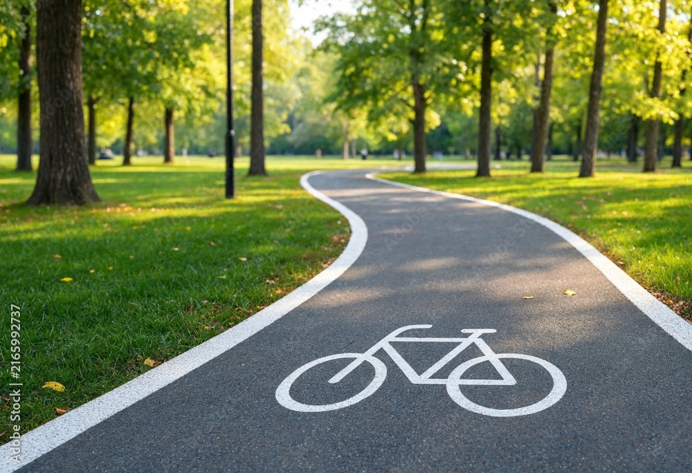 Obraz premium Sunlit winding bicycle lane through a peaceful green park, featuring white bike markings, autumn leaves, fresh asphalt, lush grass, tall trees, and gentle bokeh.