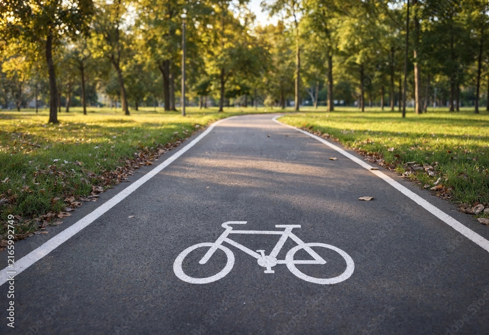 Obraz premium Sunlit winding bicycle lane through a peaceful green park, featuring white bike markings, autumn leaves, fresh asphalt, lush grass, tall trees, and gentle bokeh.