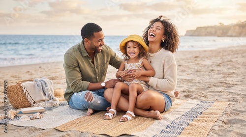 Happy family with daughter having a fun picnic on the beach at sunset