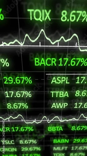 Stock market data and financial chart animation over green ticker symbols