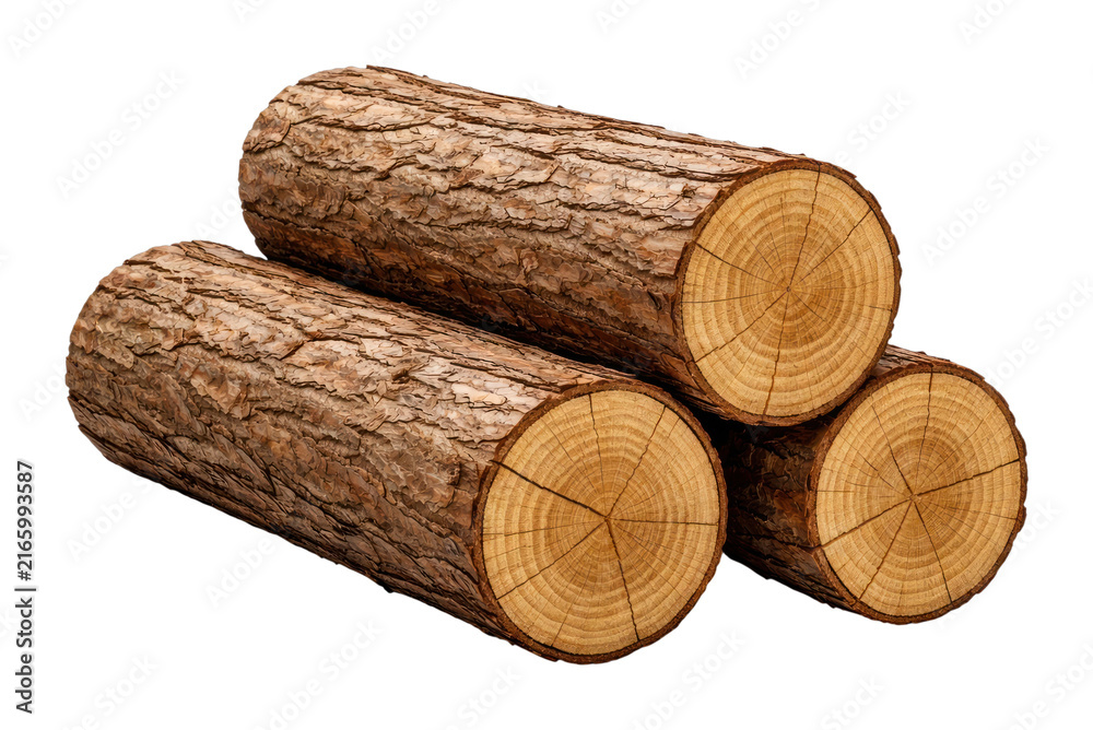 Fototapeta premium PNG Three wooden logs stacked on white background.