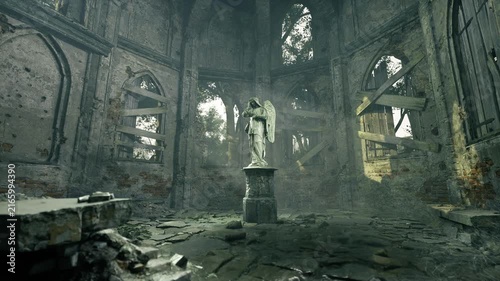 Dusty statue stands in ruined sanctuary, broken nave and shattered windows let soft light fall on carved figure, scattered rubble, tranquil solemn mood suited