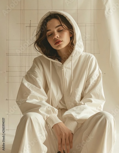 Young woman in white hoodie posing in studio, minimalist fashion portrait