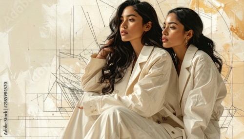 Two stylish young women in white blazers posing together against a textured background.