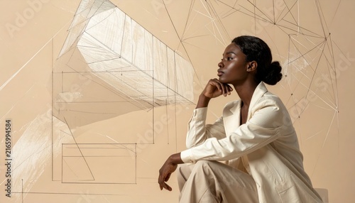 Thoughtful Black woman in white blazer posing against an abstract painted studio wall
