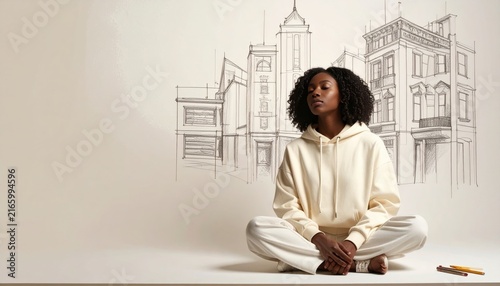 Young Black woman sitting on floor dreaming of city life with hand drawn urban sketch