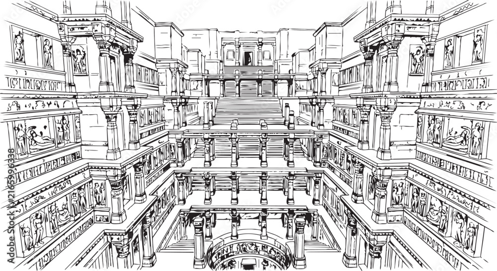 Fototapeta premium Black and white line art illustration of a grand architectural interior hall with multiple levels, architecture