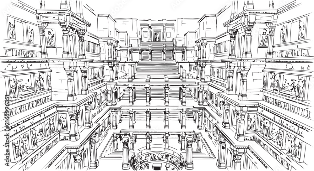 Obraz premium Black and white line art illustration of a grand architectural interior hall with multiple levels, architecture