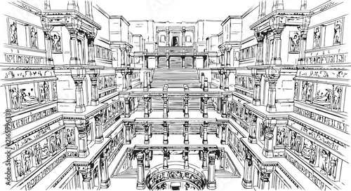 Foto Black and white line art illustration of a grand architectural interior hall wit