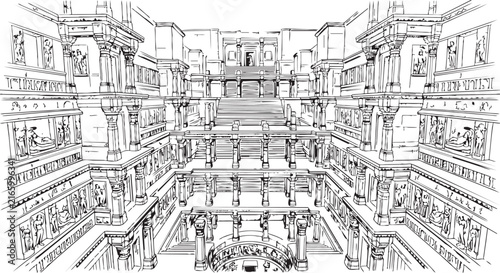 Картината върху платно Black and white line art illustration of a grand architectural interior hall wit