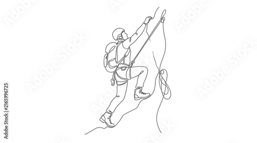 Continuous Line Drawing of a Rock Climber Ascending a Mountain