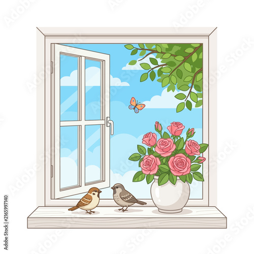 Two birds sitting on window sill with pink flowers in vase