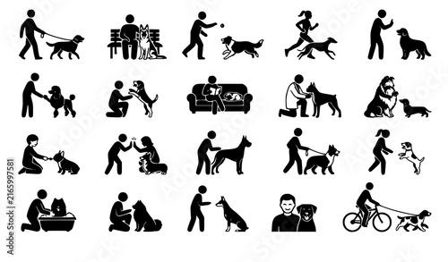 Black dog icon collection showing various poses activities and interactions with people for pet care lifestyle vector designs