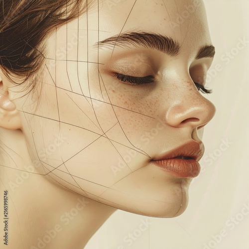 Young woman face with plastic surgery markings for facial contouring and aesthetic procedure