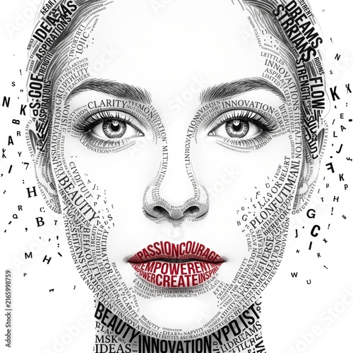 Conceptual portrait of a woman face formed by typography and inspirational words