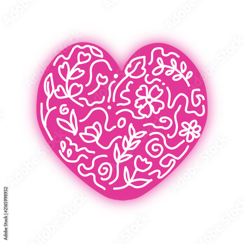 Neon pink floral heart with hand drawn flowers and leaves, romantic love design on transparent background