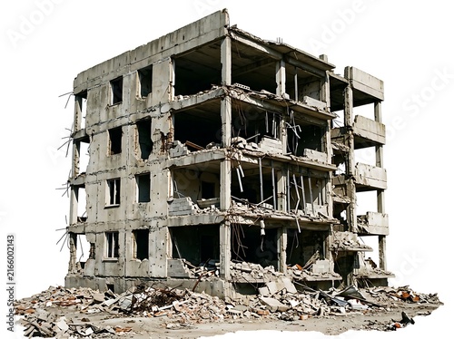 A derelict concrete apartment building in a state of severe disrepair and destruction, surrounded by rubble. The building has multiple floors, with broken windows, collapsed walls, and exposed rebar.