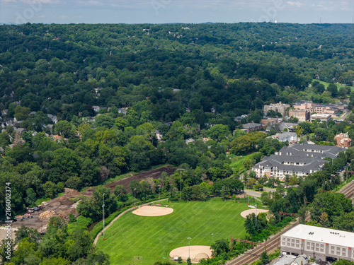 Distant White Plains skyline across the wooded suburbs of Westchester County, New York