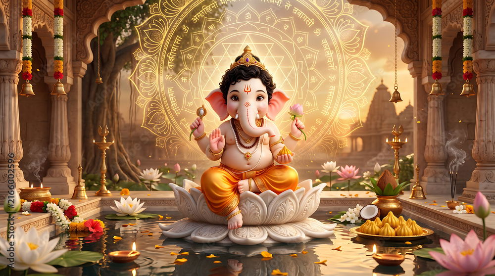 Obraz premium Divine baby elephant deity sitting on lotus throne surrounded by sacred glowing gold mandala patterns with sitting gracefully white flower floating tranquil