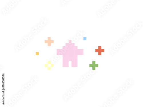Cute Pink Pixel Art House with Colorful Sparkles Retro 8-bit Video Game Style Graphic on White Background