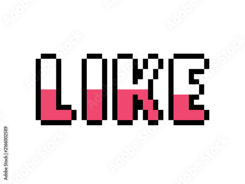 Retro Pixel Art Word Like in 8 Bit Gaming Style with Pink and White Letters on White Background