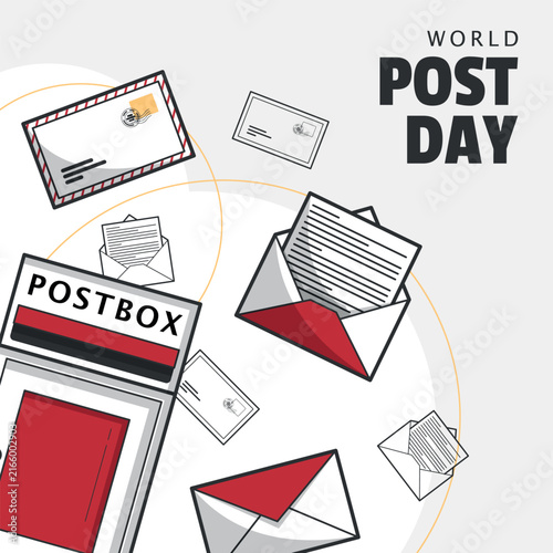 World Post Day Poster. The postbox and letter are drawn in an outline style
