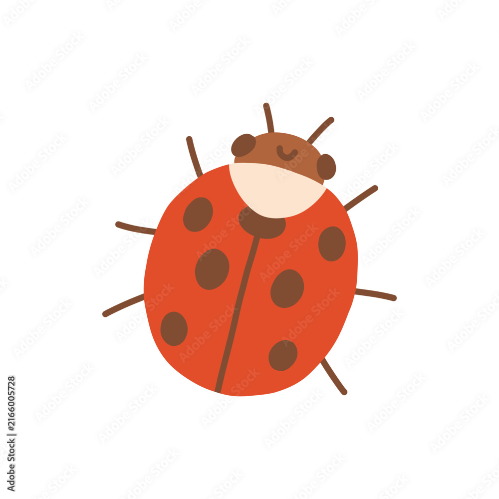 Fototapeta premium Cute red ladybug character vector illustration with dark spots and smiling face. Summer garden beetle isolated on white background