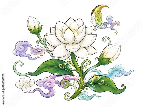 surreal fantasy color cartoon line art Thai jasmine flower on white background