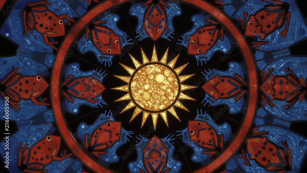 Obraz premium Red frogs orbit a radiant sun in intricate blue and gold mandala design.