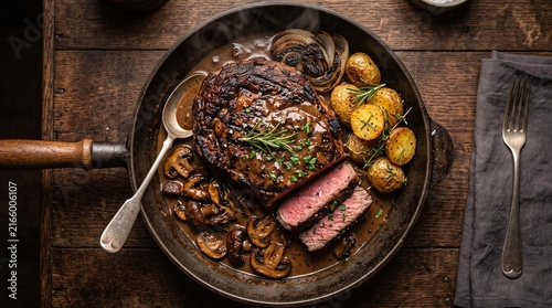 Grilled ribeye steak served with roasted potatoes in cast iron skillet.