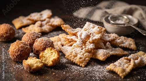 Fried dough fritters and pastry crisps dusted with sugar for festivals.