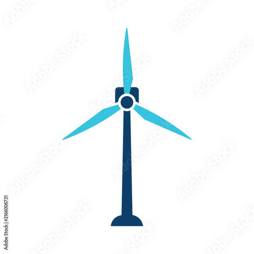 Wind turbine icon with light blue sharp blades and dark base
