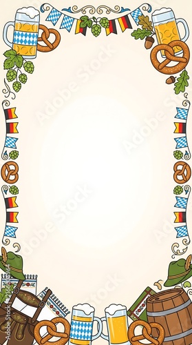 Oktoberfest celebration border with beer mugs, pretzels, hops, folk costumes and Bavarian bunting surrounding blank copy space. Festive German beer festival illustration.