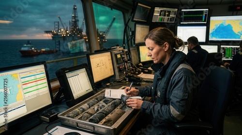 Female engineer monitors drilling operations from offshore platform control room with data displays and core samples.