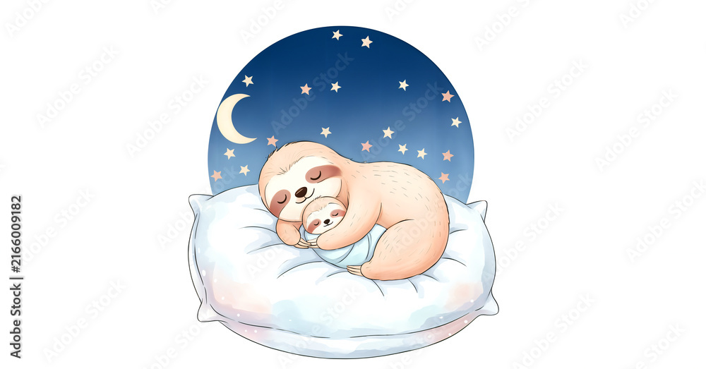 Naklejka premium Cute Sleeping Mother and Baby Sloth Illustration on Pillow under Starry Night Sky and Moon Nursery Art