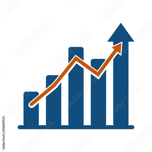 A blue bar chart shows a steady upward growth trend line
