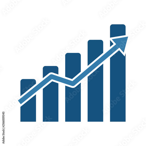 A blue bar chart shows steady growth with an upward arrow