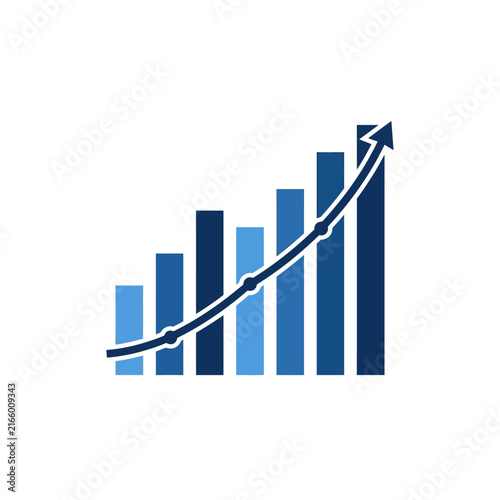 A blue bar chart shows steady growth with an upward arrow
