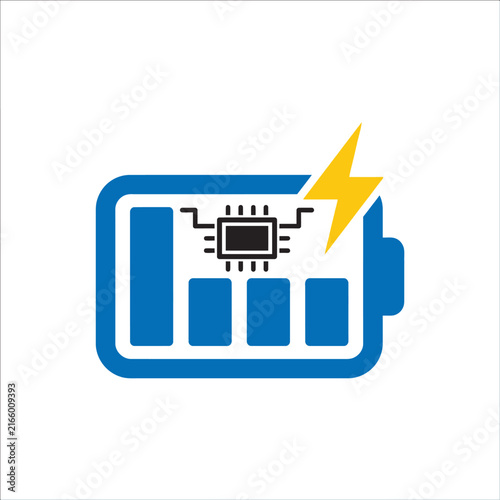 A blue battery icon with a central microchip and lightning bolt