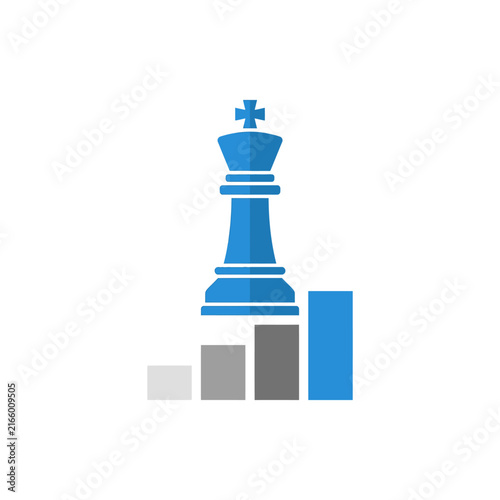 A blue chess king stands atop a simple bar chart graphic