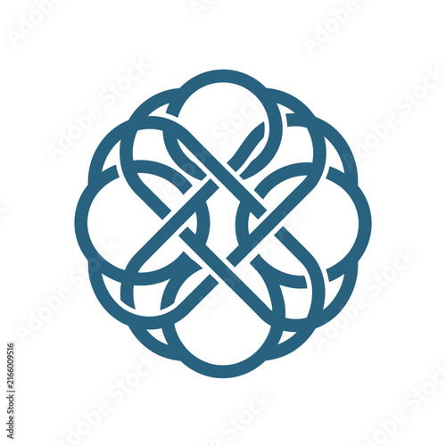 A blue circular geometric pattern on a clean white background