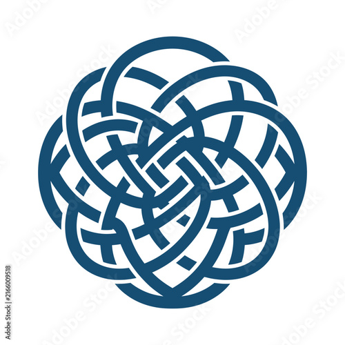 A blue circular geometric knot design on a white background