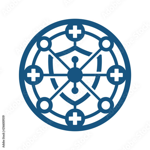 A blue circular icon featuring a central shield and nodes
