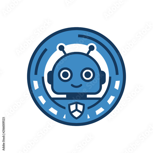 A blue circular icon featuring a friendly robotic character design