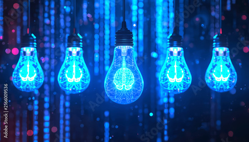 A light bulb with a  blue glowing filament resembling a brain%3B a business technology concept.