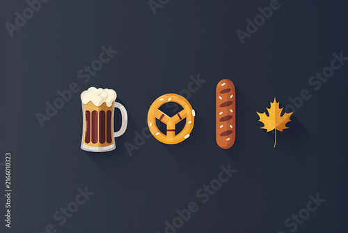 Minimalist flat vector beer pretzel and sausage icon grid on dark background for Oktoberfest app navigation UI design and infographic