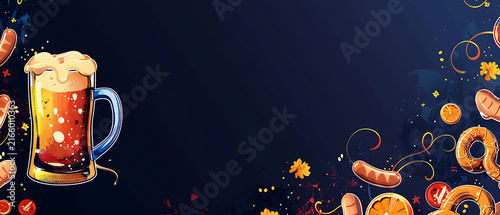 Ultra wide vector illustration of dynamic beer and sausage with central copy space for Oktoberfest website hero background and landing page