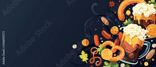 Creative right clustered beer and pretzel vector illustration with left copy space for autumn food festival email header and digital display ad