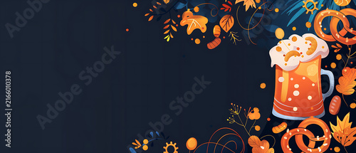 Ultra wide textured vector illustration of beer and autumn leaves with copy space for craft brewery Facebook cover and online carnival promo